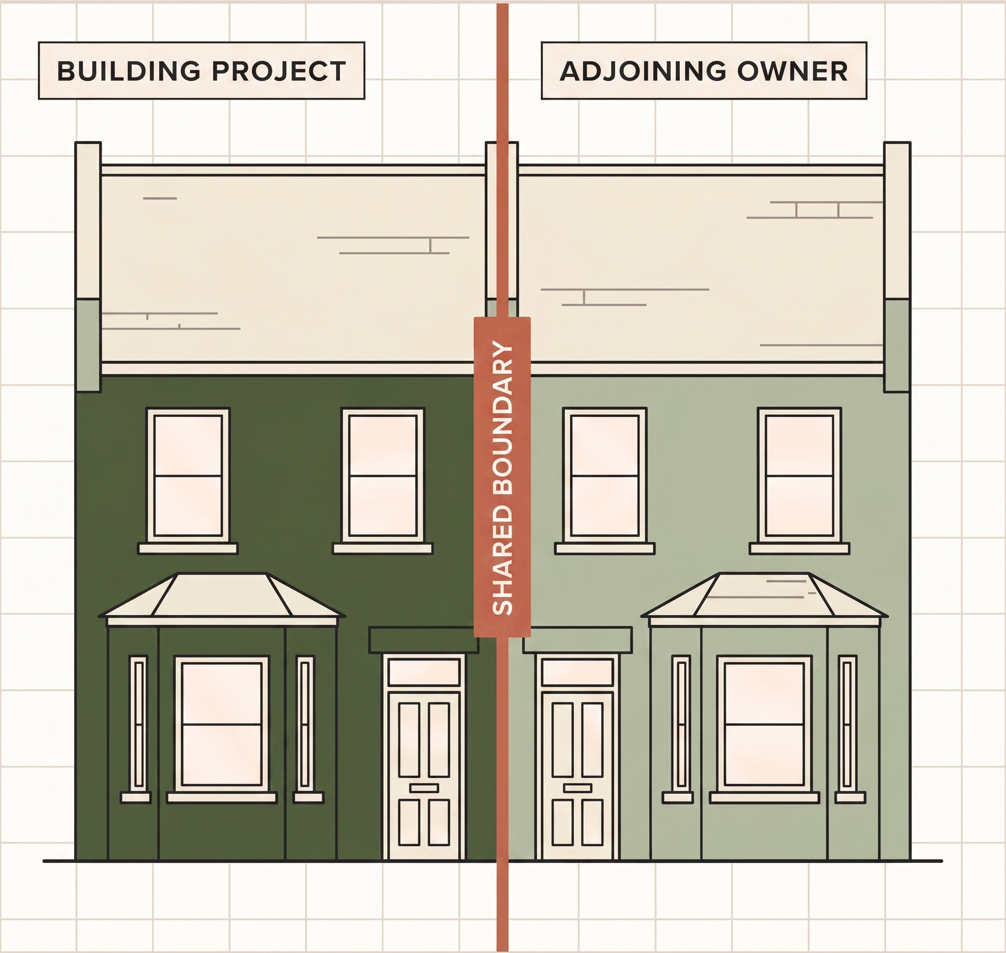 Two adjoining houses separated by a marked shared boundary